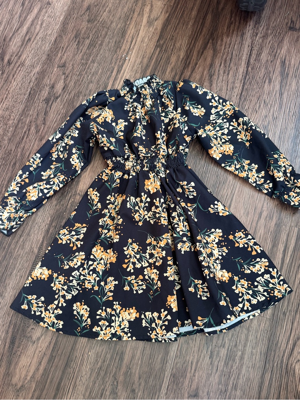 SHEIN Black Long-Sleeve Floral Girls Dress with Yellow Blossoms
